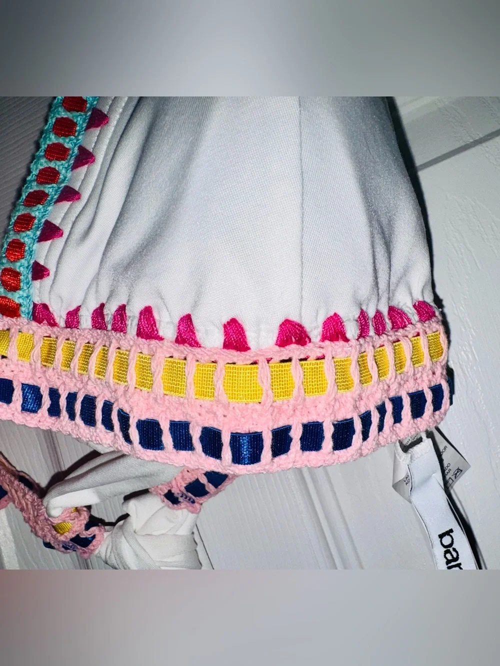 Bar III Be-Weave It NWT White Multicolor Crochet Trim 2-Piece Bikini Swimsuit L